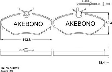 Akebono AN-4345WK - Əyləc altlığı dəsti, əyləc diski furqanavto.az