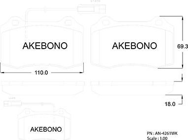Akebono AN-4261WKE - Əyləc altlığı dəsti, əyləc diski furqanavto.az