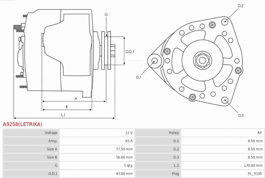 AS-PL A9258(LETRIKA) - Alternator furqanavto.az