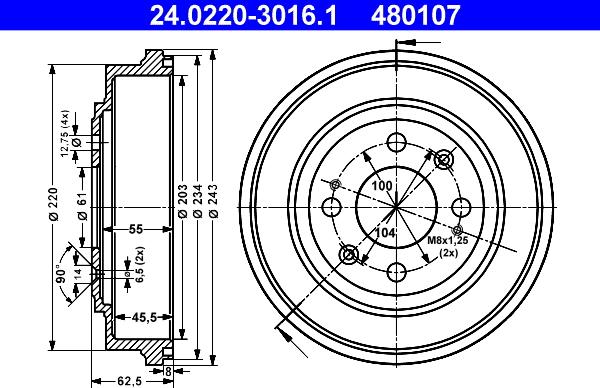 ATE 24.0220-3016.1 - Əyləc barabanı furqanavto.az