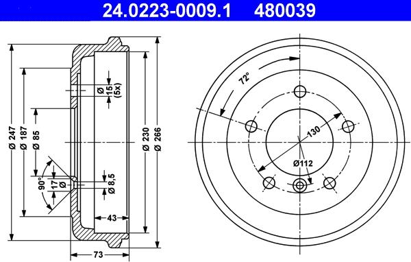 ATE 24.0223-0009.1 - Əyləc barabanı furqanavto.az