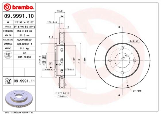 Brembo 09.9991.11 - Əyləc Diski furqanavto.az