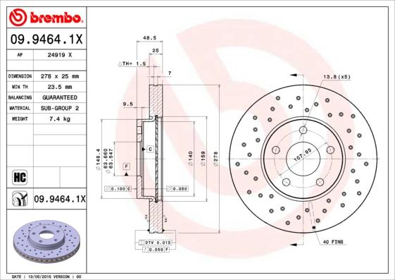 Brembo 09.9464.1X - Əyləc Diski furqanavto.az