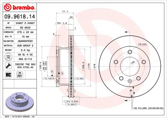 Brembo 09.9618.14 - Əyləc Diski furqanavto.az