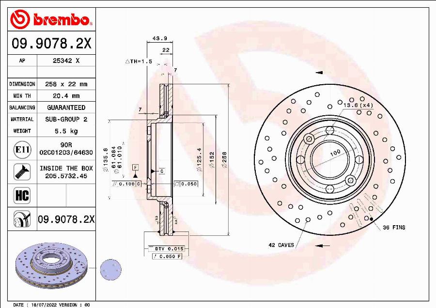 Brembo 09.9078.2X - Əyləc Diski furqanavto.az