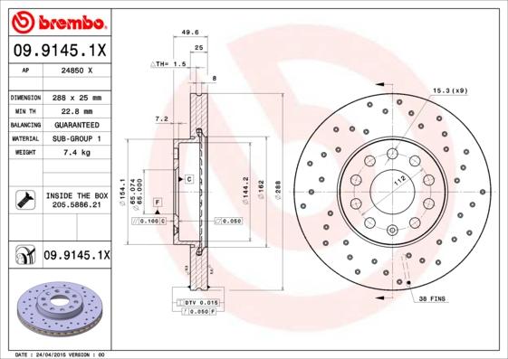 Brembo 09.9145.1X - Əyləc Diski furqanavto.az