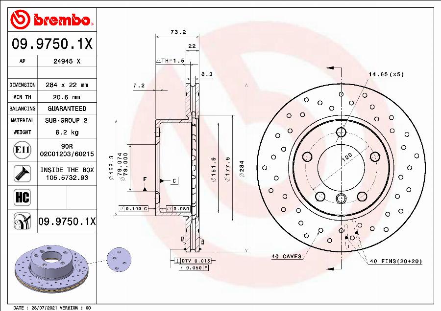 Brembo 09.9750.1X - Əyləc Diski furqanavto.az