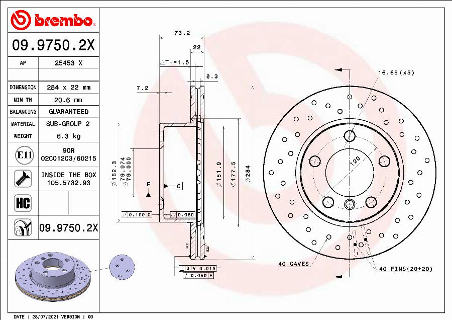 Brembo 09.9750.2X - Əyləc Diski furqanavto.az