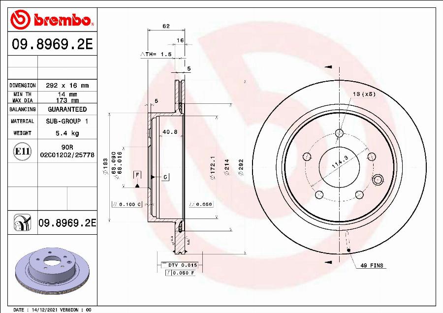 Brembo 09.8969.2E - Əyləc Diski furqanavto.az