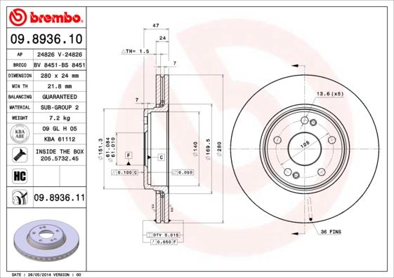 Brembo 09.8936.10 - Əyləc Diski furqanavto.az