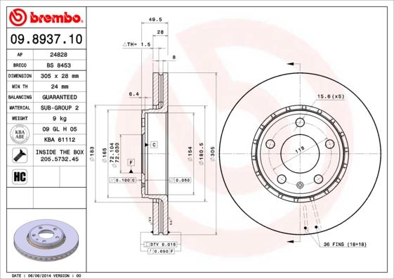 Brembo 09.8937.10 - Əyləc Diski furqanavto.az