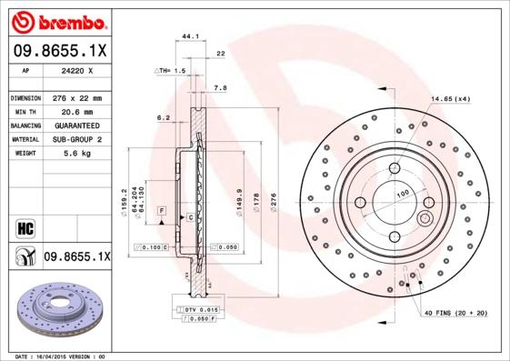 Brembo 09.8655.1X - Əyləc Diski furqanavto.az