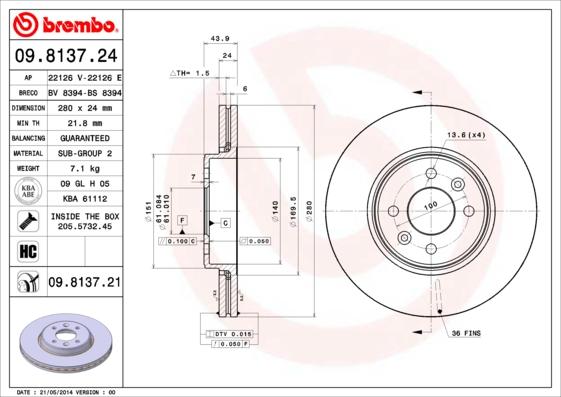 Brembo 09.8137.24 - Əyləc Diski furqanavto.az