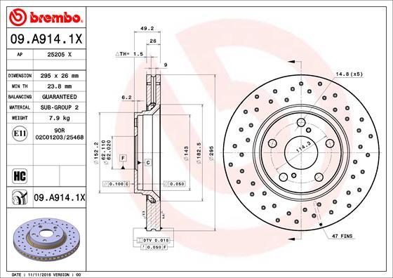 Brembo 09.A914.1X - Əyləc Diski furqanavto.az