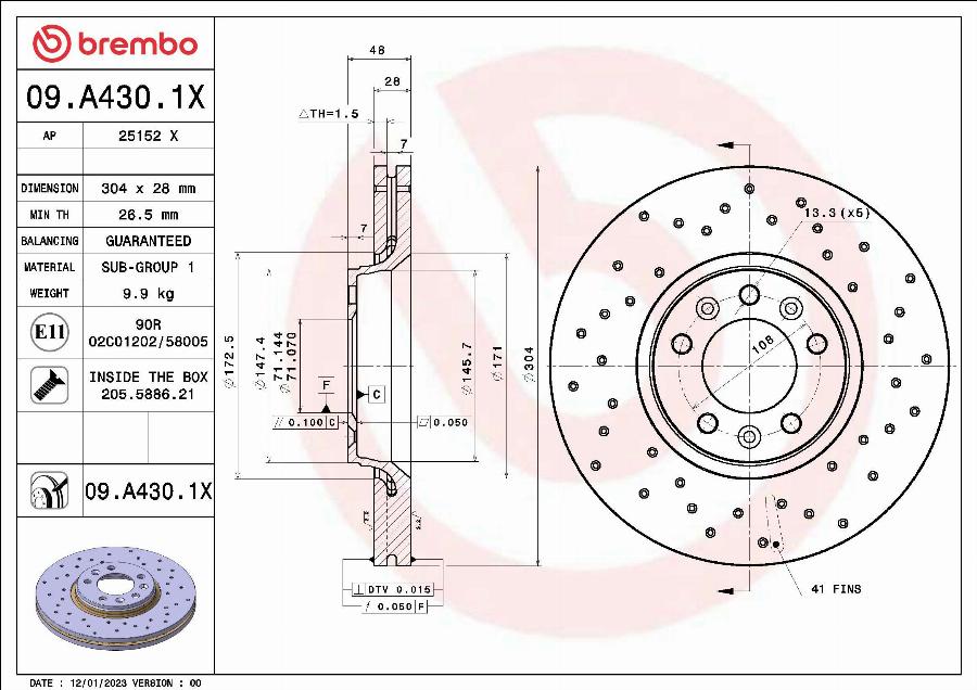 Brembo 09.A430.1X - Əyləc Diski furqanavto.az