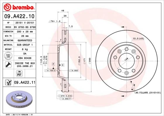 Brembo 09.A422.10 - Əyləc Diski furqanavto.az