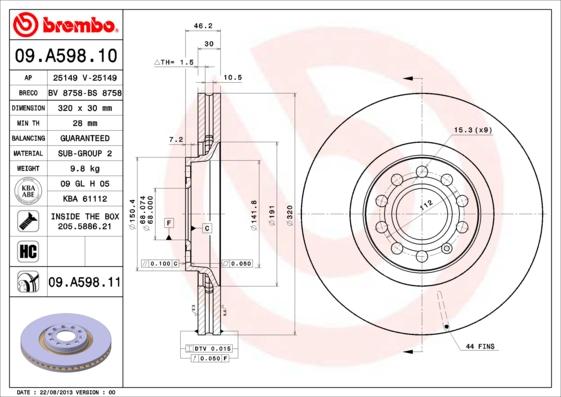 Brembo 09.A598.11 - Əyləc Diski furqanavto.az