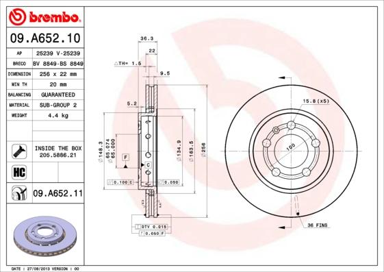 Brembo 09.A652.10 - Əyləc Diski furqanavto.az