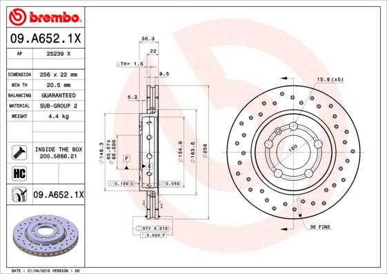 Brembo 09.A652.1X - Əyləc Diski furqanavto.az