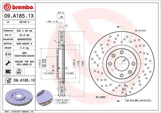 Brembo 09.A185.1X - Əyləc Diski furqanavto.az