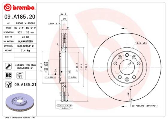 Brembo 09.A185.20 - Əyləc Diski furqanavto.az