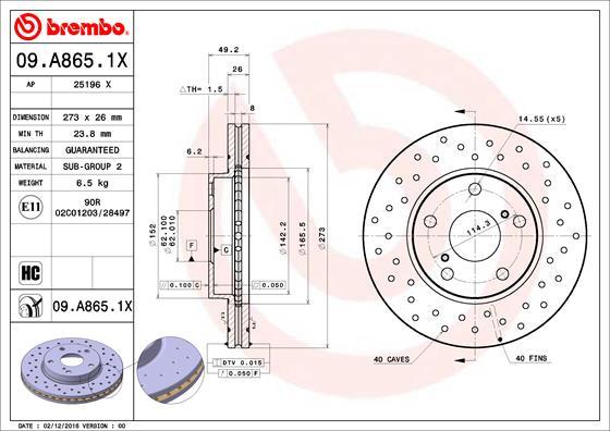 Brembo 09.A865.1X - Əyləc Diski furqanavto.az