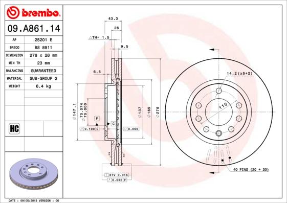 Brembo 09.A861.14 - Əyləc Diski furqanavto.az