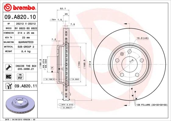 Brembo 09.A820.10 - Əyləc Diski furqanavto.az