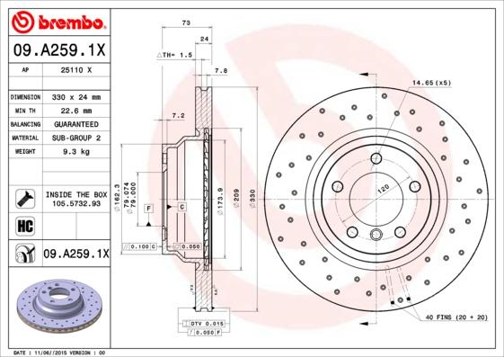 Brembo 09.A259.1X - Əyləc Diski furqanavto.az