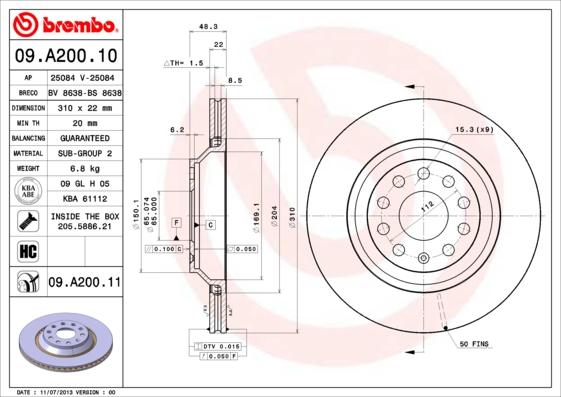 Brembo 09.A200.11 - Əyləc Diski furqanavto.az