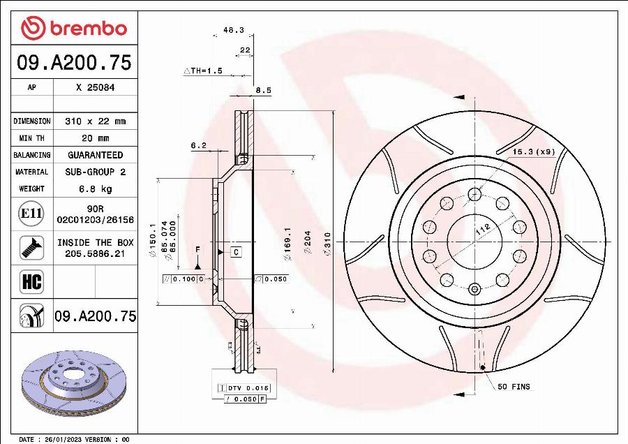 Brembo 09.A200.75 - Əyləc Diski furqanavto.az