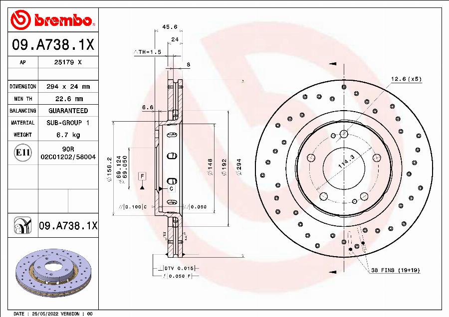 Brembo 09.A738.1X - Əyləc Diski furqanavto.az