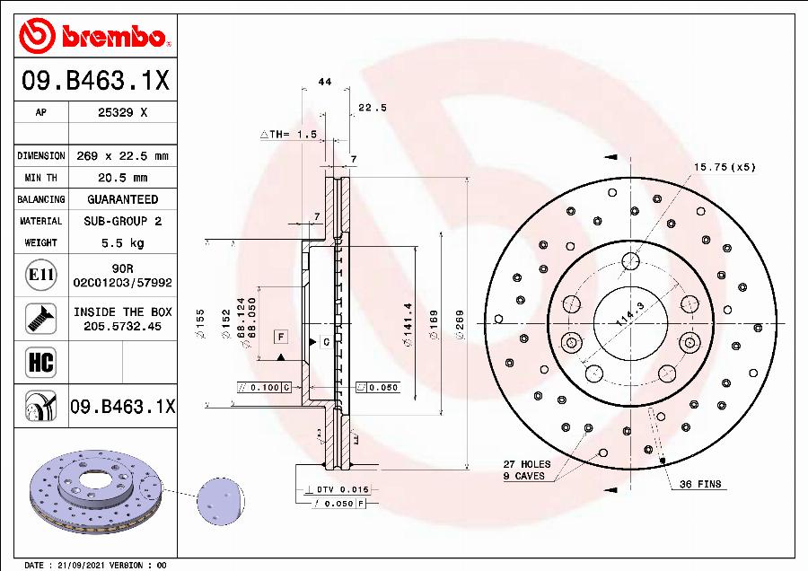 Brembo 09.B463.1X - Əyləc Diski furqanavto.az