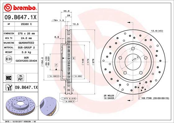 Brembo 09.B647.1X - Əyləc Diski furqanavto.az