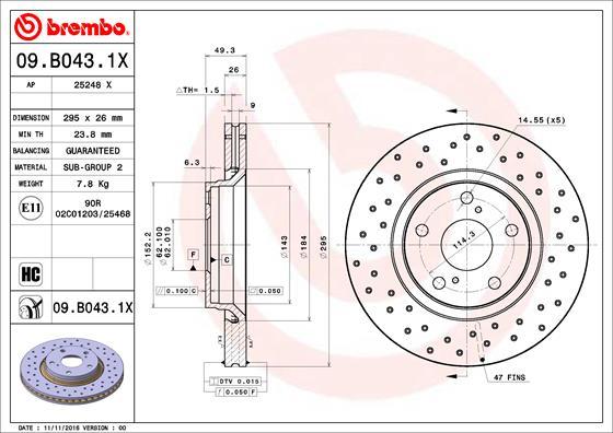 Brembo 09.B043.1X - Əyləc Diski furqanavto.az