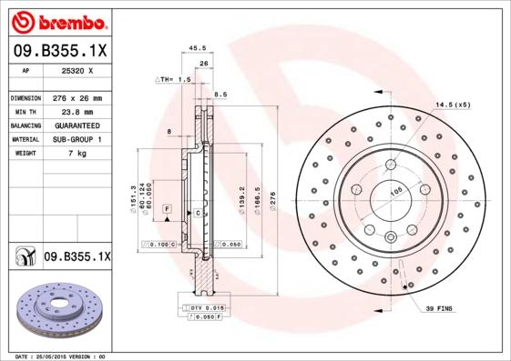 Brembo 09.B355.1X - Əyləc Diski furqanavto.az