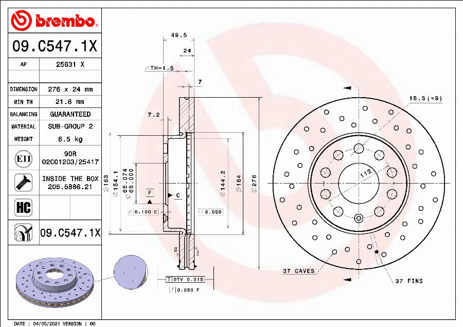 Brembo 09.C547.1X - Əyləc Diski furqanavto.az