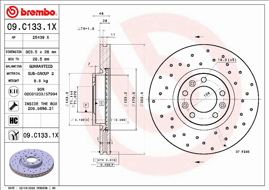 Brembo 09.C133.1X - Əyləc Diski furqanavto.az