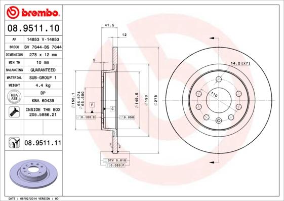 Brembo 08.9511.10 - Əyləc Diski furqanavto.az