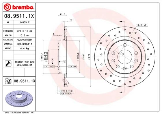 Brembo 08.9511.1X - Əyləc Diski furqanavto.az