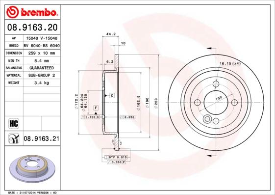 Brembo 08.9163.21 - Əyləc Diski furqanavto.az