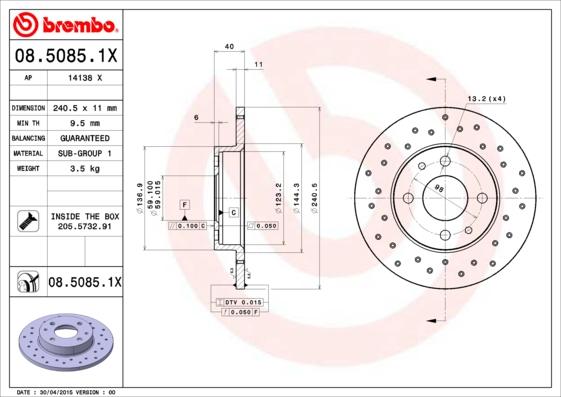 Brembo 08.5085.1X - Əyləc Diski furqanavto.az