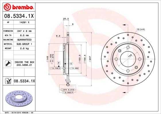 Brembo 08.5334.1X - Əyləc Diski furqanavto.az