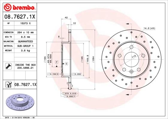 Brembo 08.7627.1X - Əyləc Diski furqanavto.az