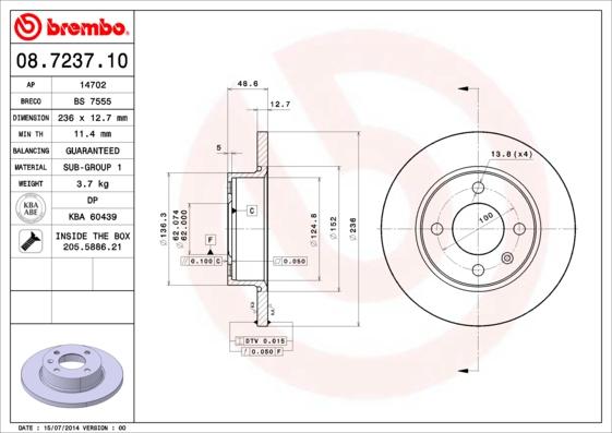 Brembo 08.7237.10 - Əyləc Diski furqanavto.az