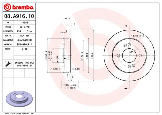 Brembo 08.A916.10 - Əyləc Diski furqanavto.az