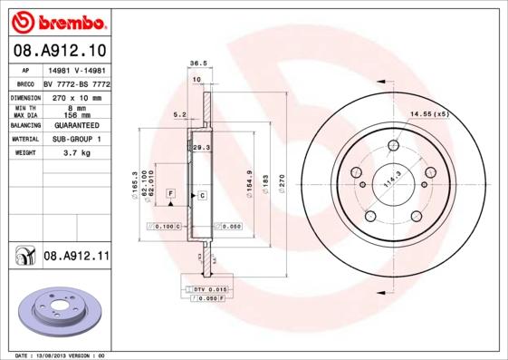 Brembo 08.A912.11 - Əyləc Diski furqanavto.az