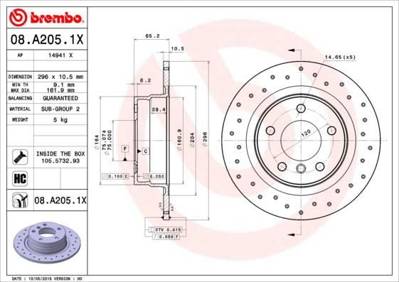 Brembo 08.A205.1X - Əyləc Diski furqanavto.az