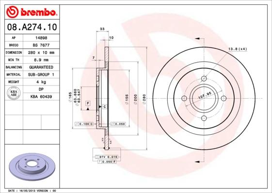 Brembo 08.A274.10 - Əyləc Diski furqanavto.az