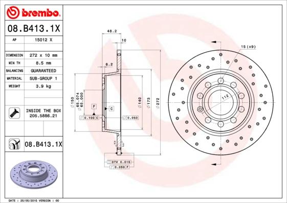 Brembo 08.B413.1X - Əyləc Diski furqanavto.az